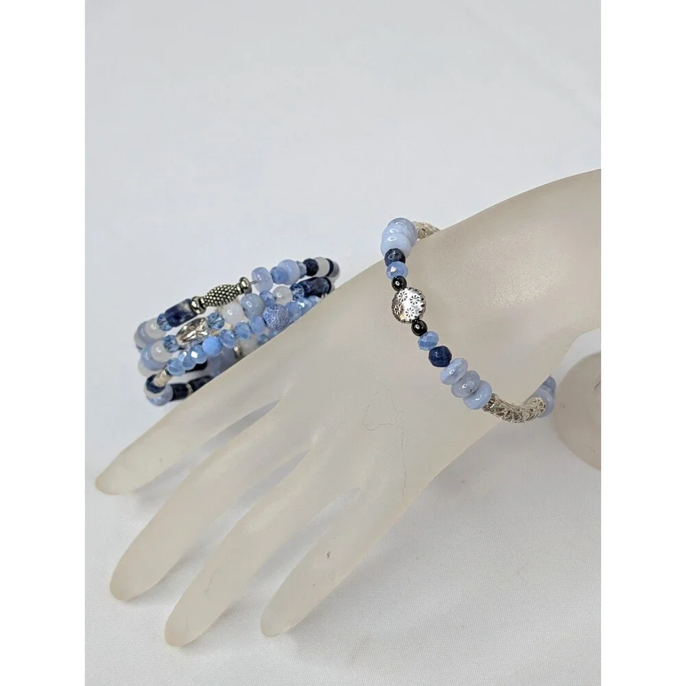 Adjustable Bracelet Set - Mixed Blue Gemstones & Silver